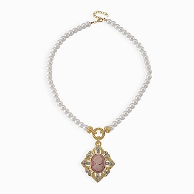 Pink Cameo, Simulated Pearl and Austrian Crystal Necklace (20-22 Inches) and Earrings in Goldtone