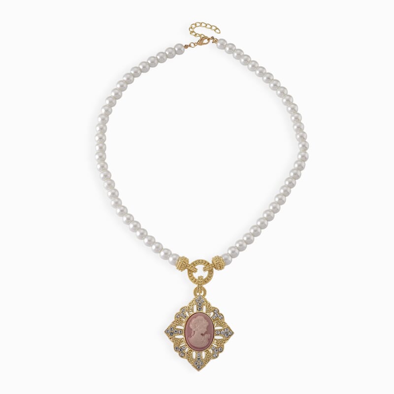 Pink Cameo, Simulated Pearl and Austrian Crystal Necklace (20-22 Inches) and Earrings in Goldtone