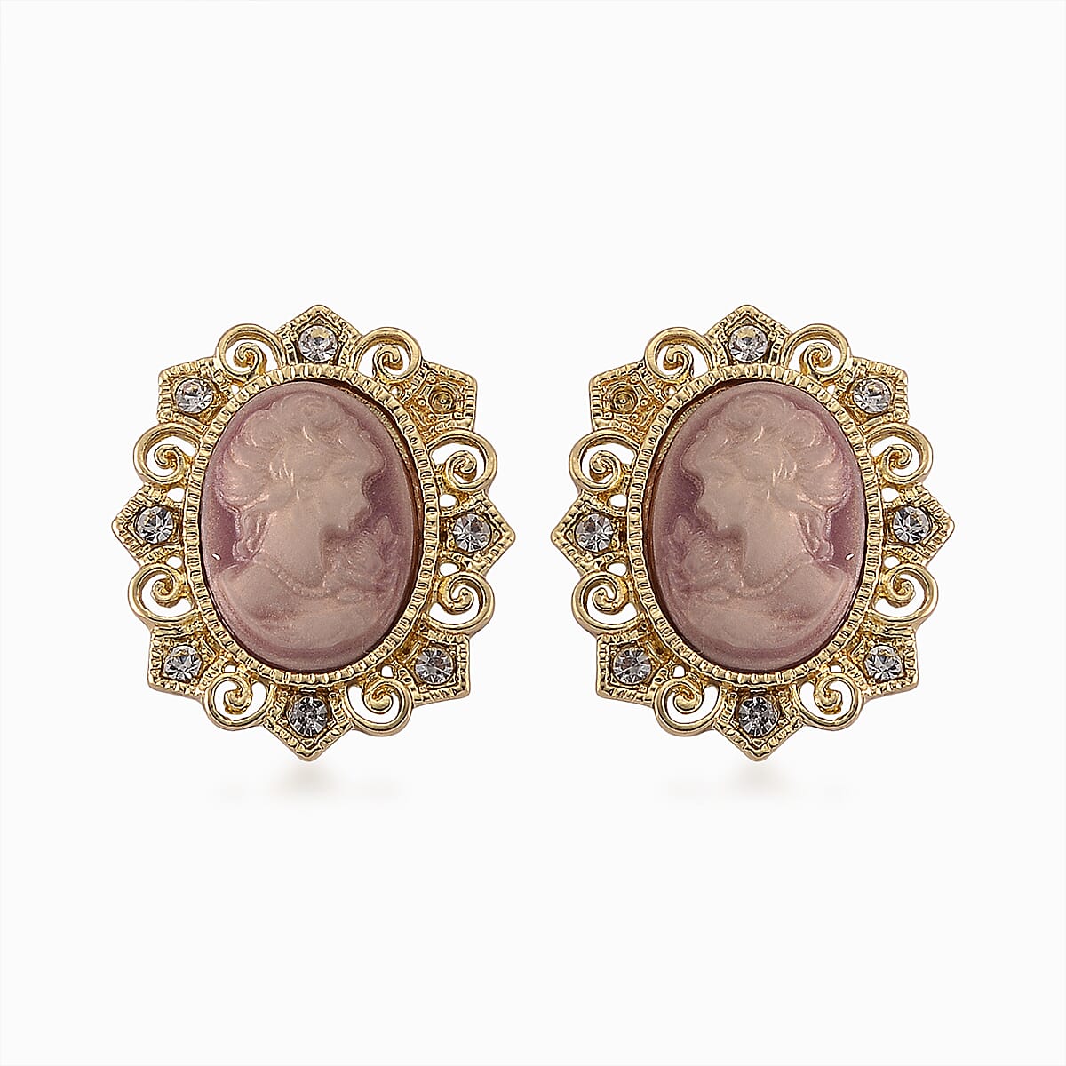 Pink Cameo, Simulated Pearl and Austrian Crystal Necklace (20-22 Inches) and Earrings in Goldtone