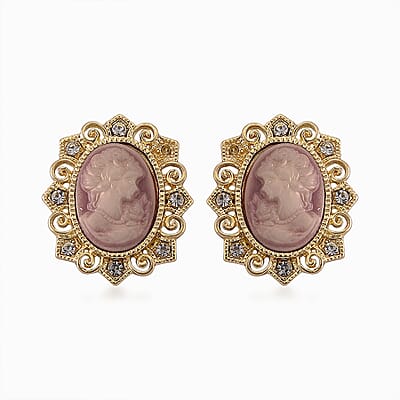 Pink Cameo, Simulated Pearl and Austrian Crystal Necklace (20-22 Inches) and Earrings in Goldtone