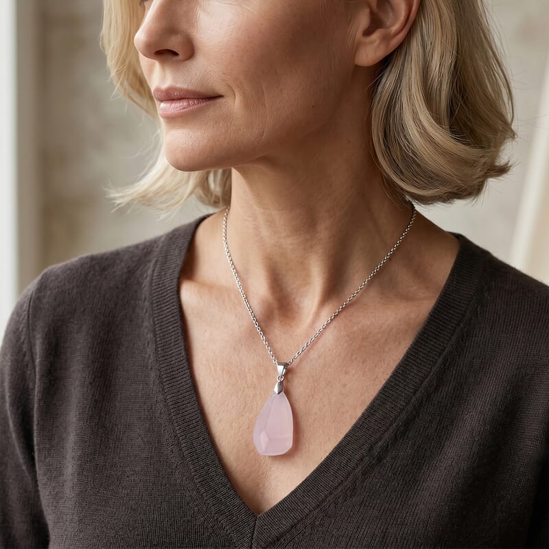 Galilea Rose Quartz 50.00 ctw Pendant Necklace (20 Inches) in Stainless Steel