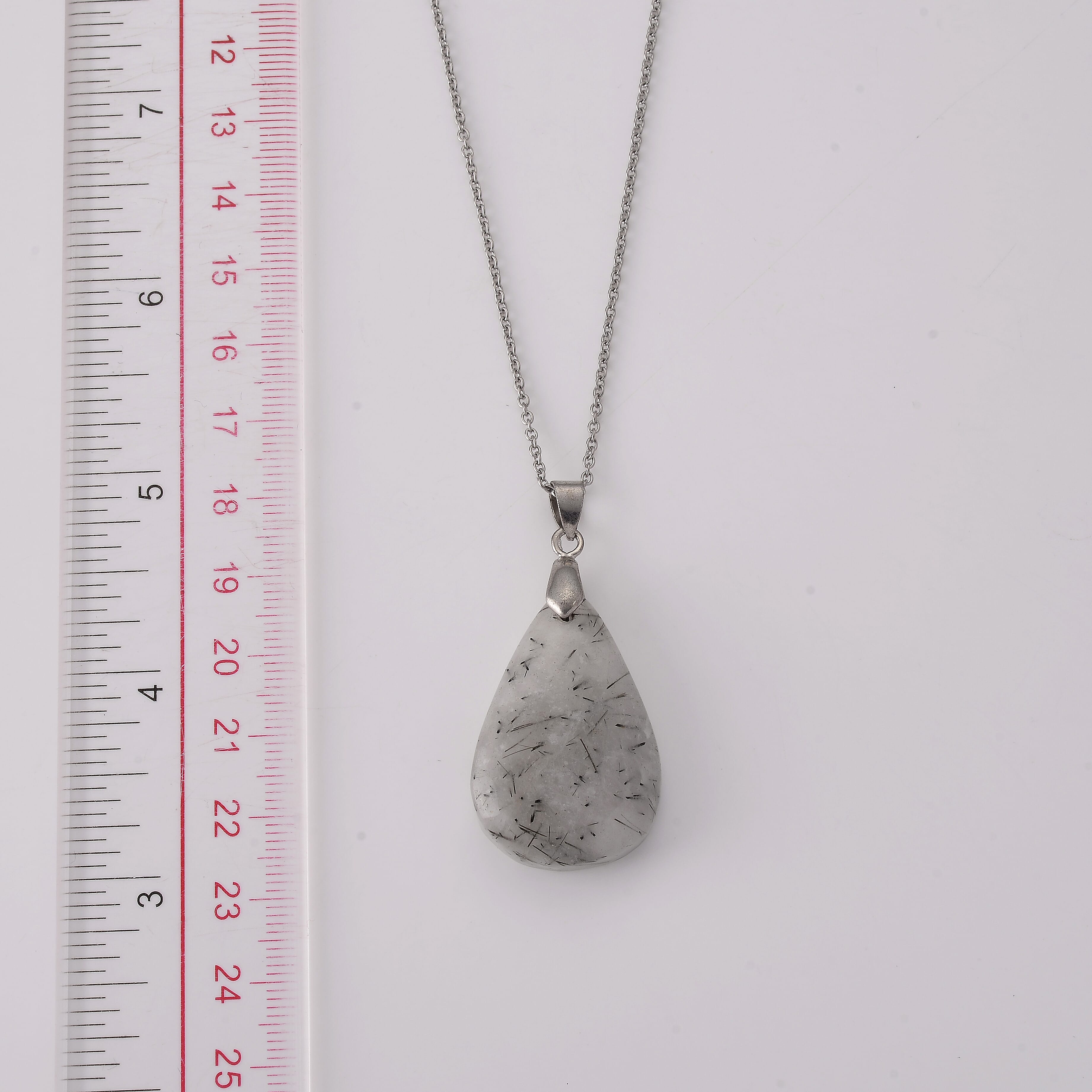 Black Rutilated Quartz 75.00 ctw Pendant Necklace (20 Inches) in Stainless Steel