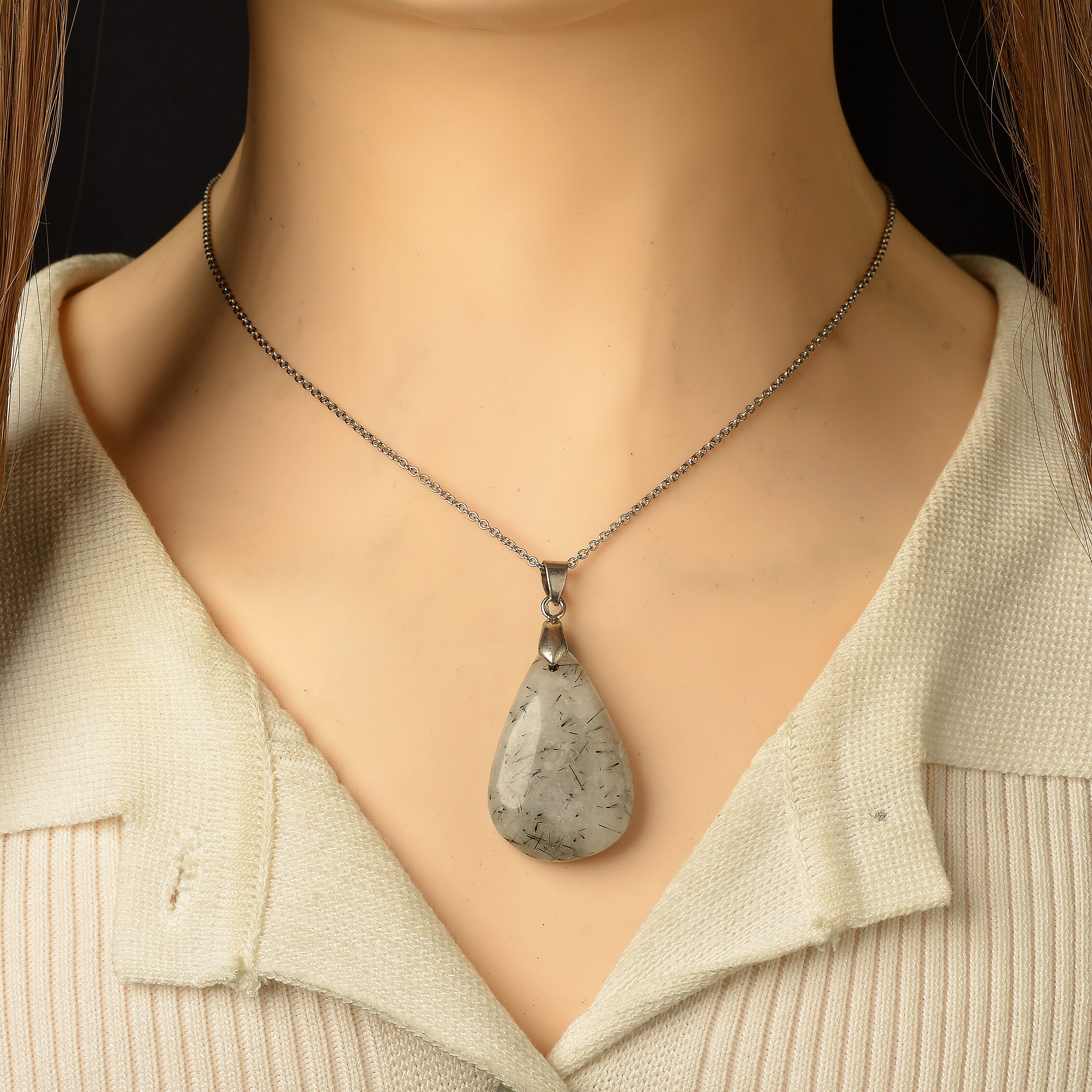 Black Rutilated Quartz 75.00 ctw Pendant Necklace (20 Inches) in Stainless Steel