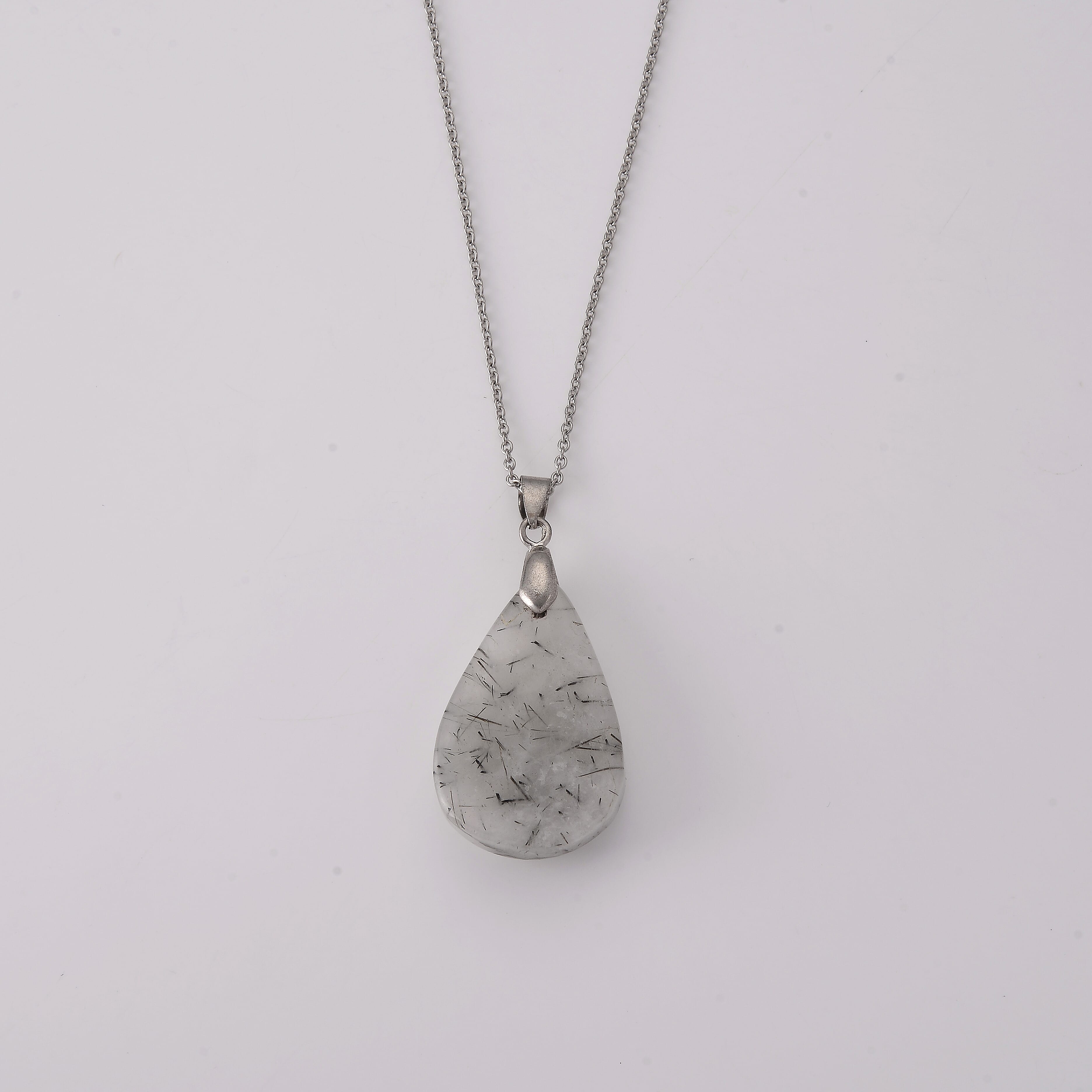 Black Rutilated Quartz 75.00 ctw Pendant Necklace (20 Inches) in Stainless Steel