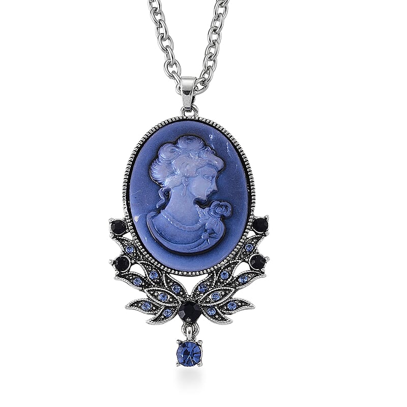 Blue Cameo, Blue Austrian Crystal Pendant in Silvertone with Stainless Steel Necklace (24 Inches)