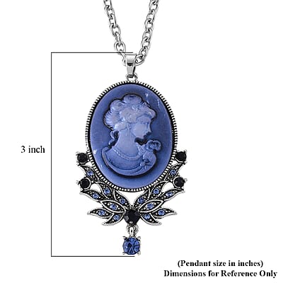 Blue Cameo, Blue Austrian Crystal Pendant in Silvertone with Stainless Steel Necklace (24 Inches)