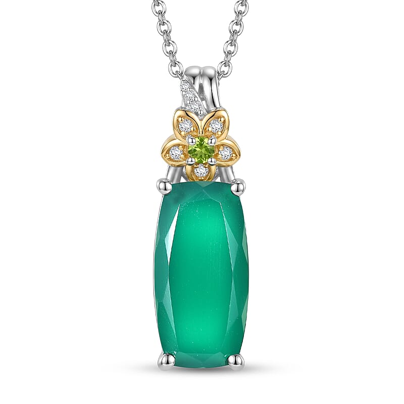 EverTrue Verde Onyx and Multi Gemstone 6.55 ctw Forest Bloom Pendant in 18K YG Plated and Platinum Bond with Stainless Steel Necklace 20 Inches