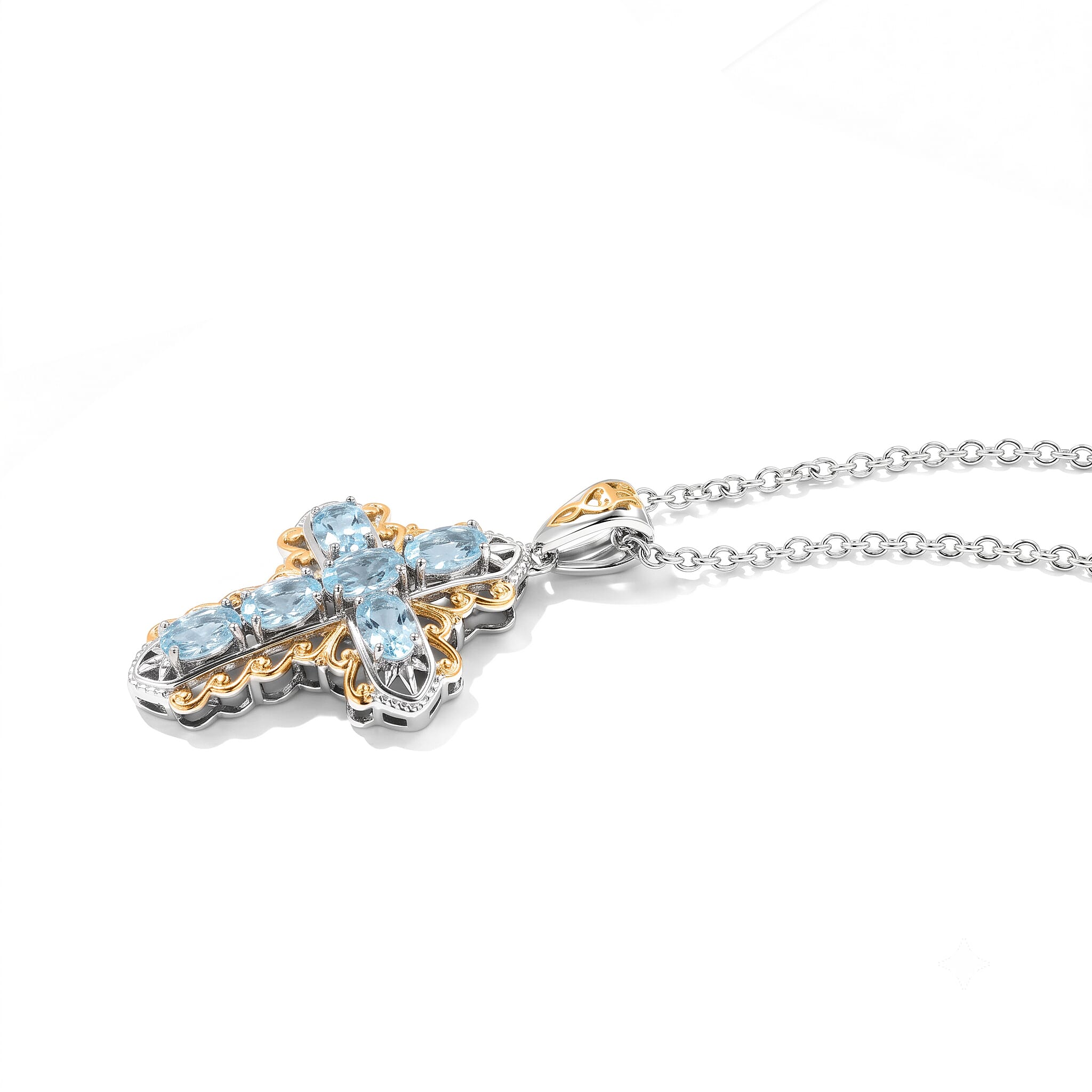EverTrue Sky Blue Topaz 1.70 ctw Two Tone Filigree Cross Pendant in 18K YG Plated and Platinum Bond with Stainless Steel Necklace 20 Inches