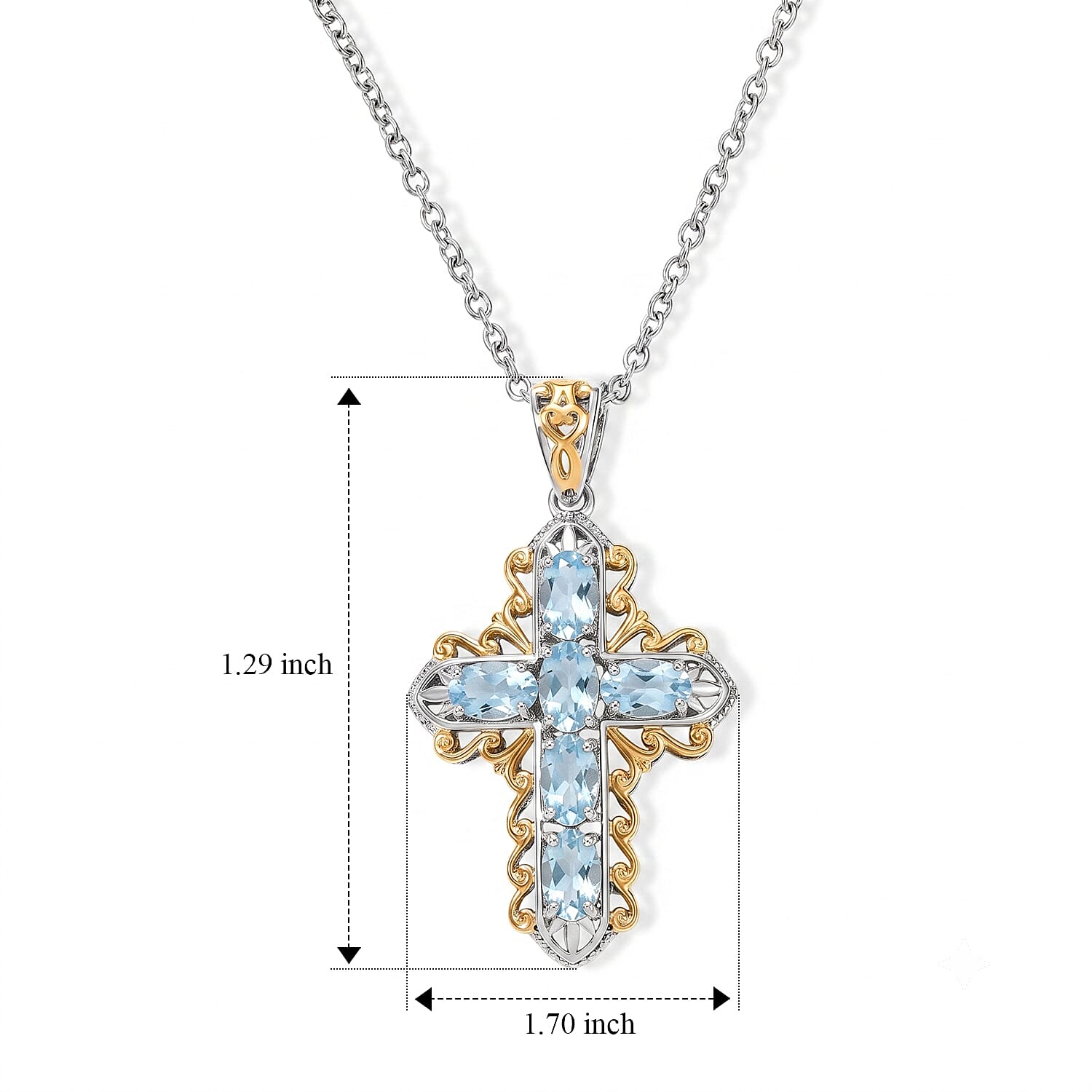 EverTrue Sky Blue Topaz 1.70 ctw Two Tone Filigree Cross Pendant in 18K YG Plated and Platinum Bond with Stainless Steel Necklace 20 Inches