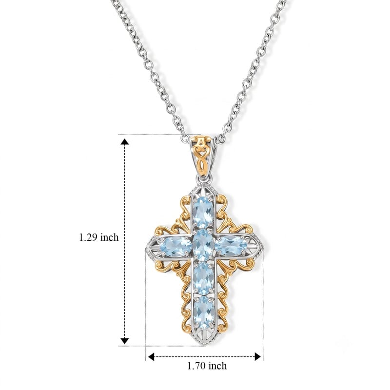 EverTrue Sky Blue Topaz 1.70 ctw Two Tone Filigree Cross Pendant in 18K YG Plated and Platinum Bond with Stainless Steel Necklace 20 Inches