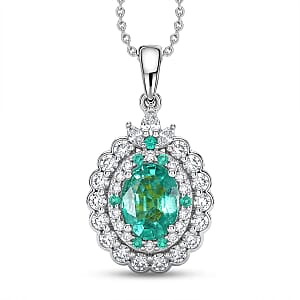 Certified & Appraised D'Joy Kagem Zambian Emerald, Paraiba Tourmaline and Moissanite 1.84 ctw Pendant Necklace in Rhodium Over Sterling Silver (20 Inches) (Ships in 5-7 Days)