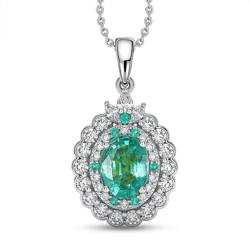 Certified & Appraised D'Joy Kagem Zambian Emerald, Paraiba Tourmaline and Moissanite 1.84 ctw Pendant Necklace in Rhodium Over Sterling Silver (20 Inches)