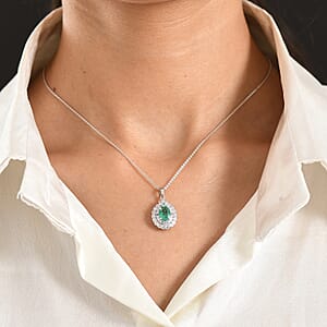 Certified & Appraised D'Joy Kagem Zambian Emerald, Paraiba Tourmaline and Moissanite 1.84 ctw Pendant Necklace in Rhodium Over Sterling Silver (20 Inches) (Ships in 5-7 Days)