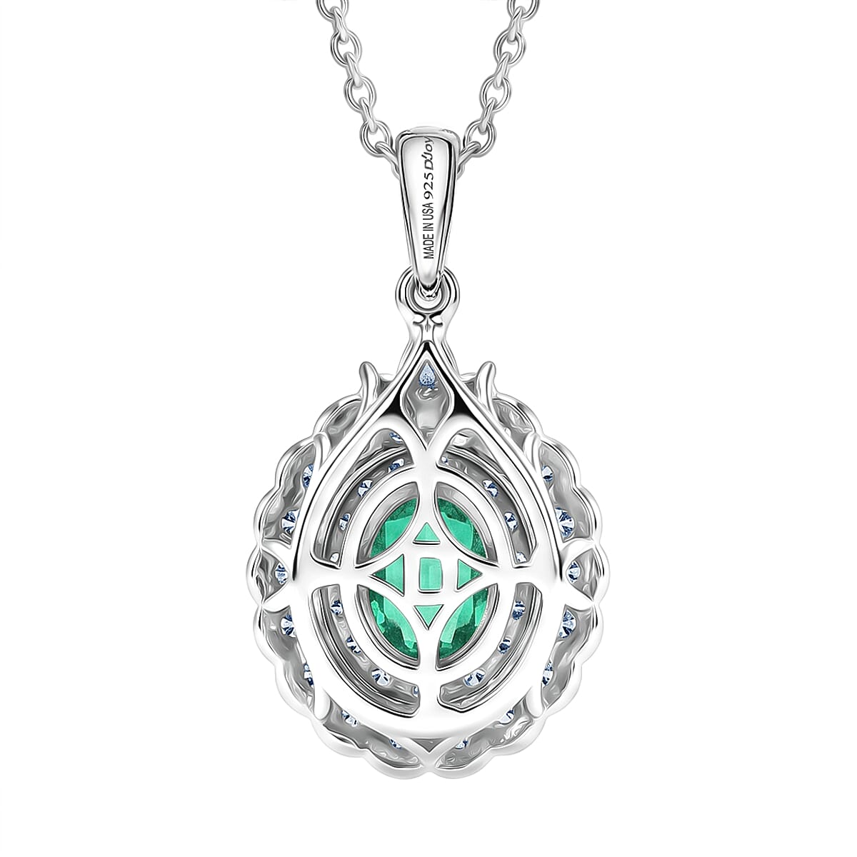 Certified & Appraised D'Joy Kagem Zambian Emerald, Paraiba Tourmaline and Moissanite 1.84 ctw Pendant Necklace in Rhodium Over Sterling Silver (20 Inches)