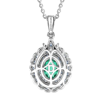 Certified & Appraised D'Joy Kagem Zambian Emerald, Paraiba Tourmaline and Moissanite 1.84 ctw Pendant Necklace in Rhodium Over Sterling Silver (20 Inches)