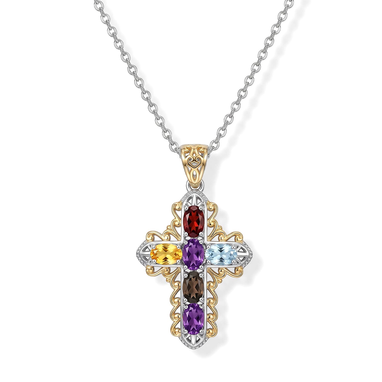 EverTrue Multi Gemstone 1.50 ctw Two Tone Filigree Cross Pendant in 18K YG Plated and Platinum Bond with Stainless Steel Necklace 20 Inches