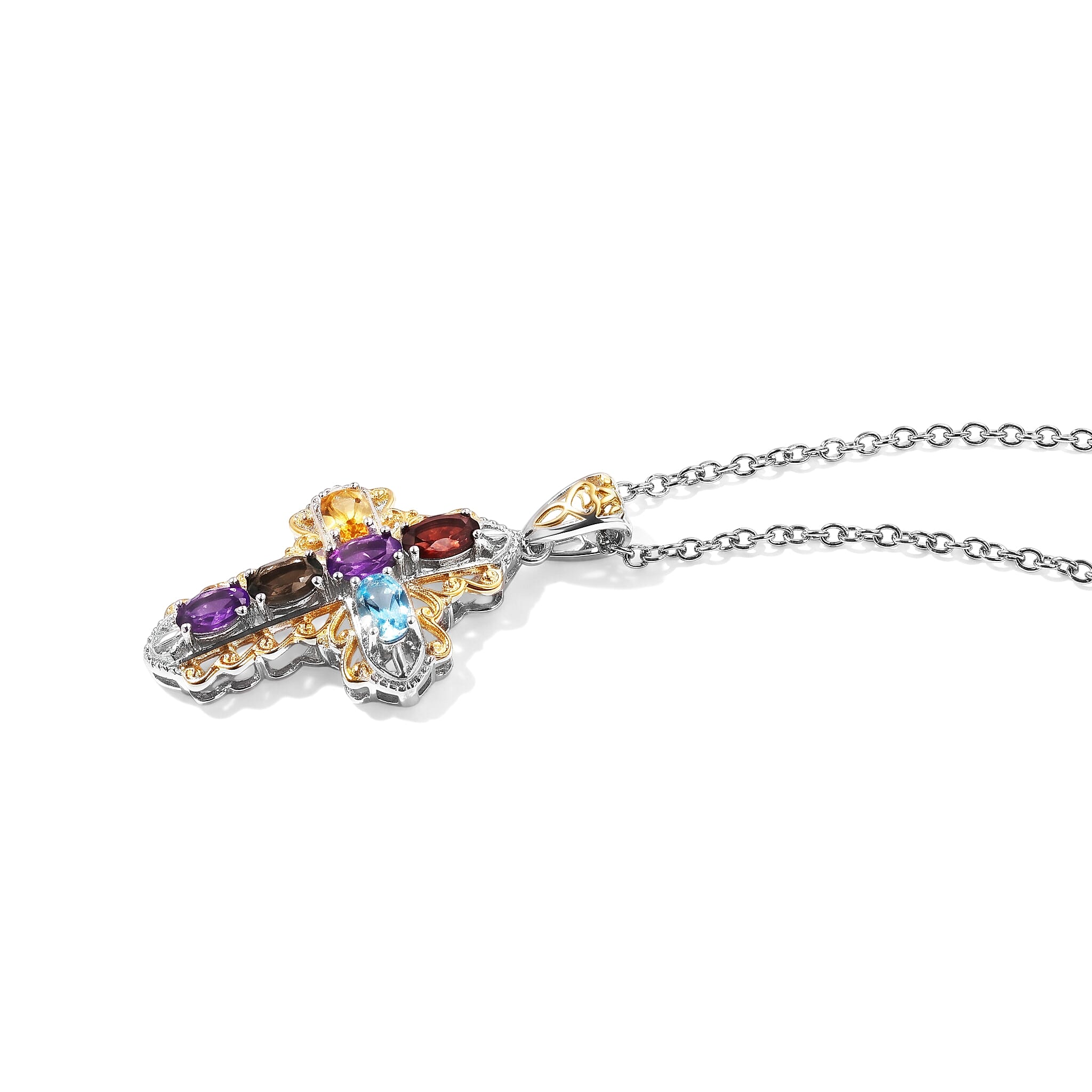 EverTrue Multi Gemstone 1.50 ctw Two Tone Filigree Cross Pendant in 18K YG Plated and Platinum Bond with Stainless Steel Necklace 20 Inches