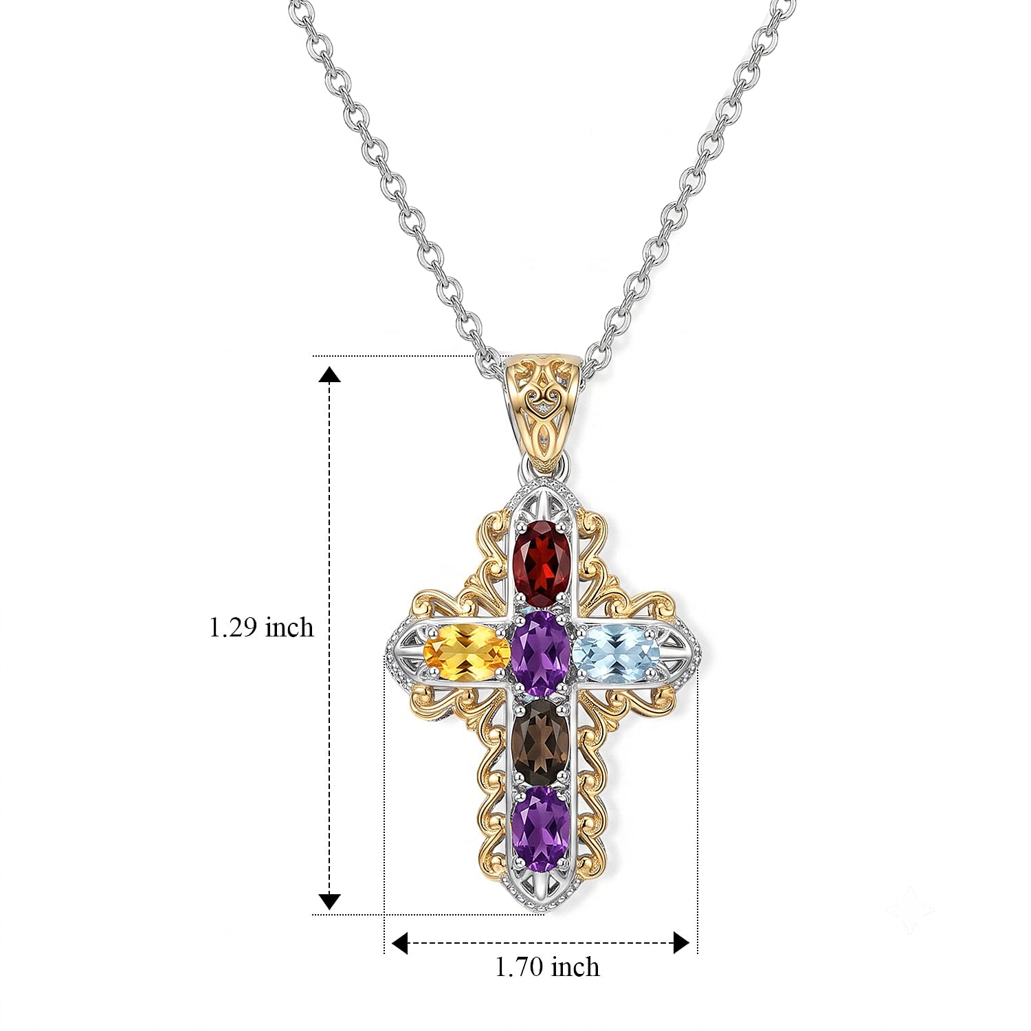 EverTrue Multi Gemstone 1.50 ctw Two Tone Filigree Cross Pendant in 18K YG Plated and Platinum Bond with Stainless Steel Necklace 20 Inches