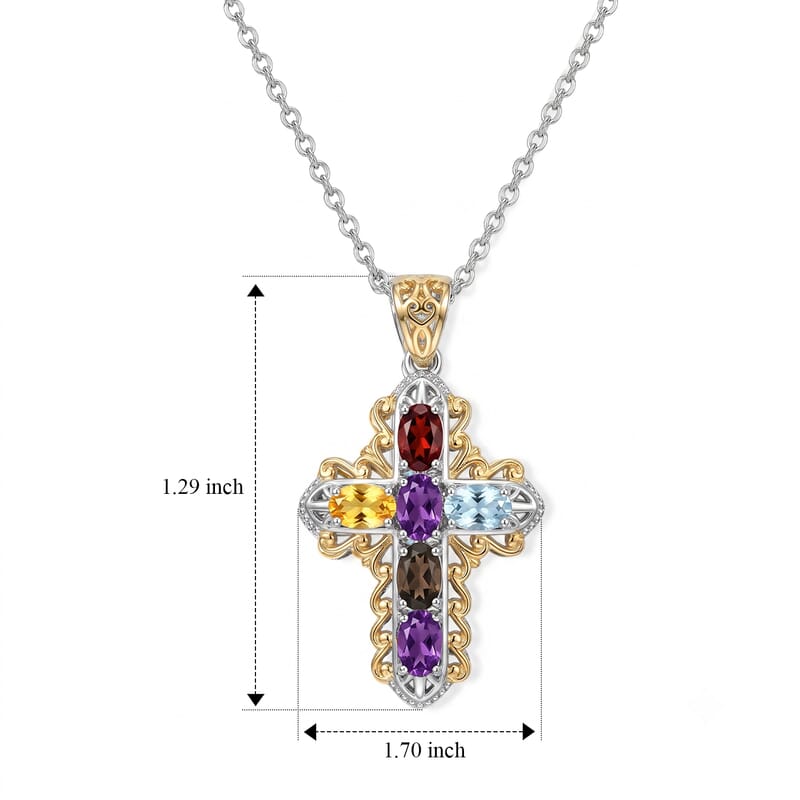 EverTrue Multi Gemstone 1.50 ctw Two Tone Filigree Cross Pendant in 18K YG Plated and Platinum Bond with Stainless Steel Necklace 20 Inches