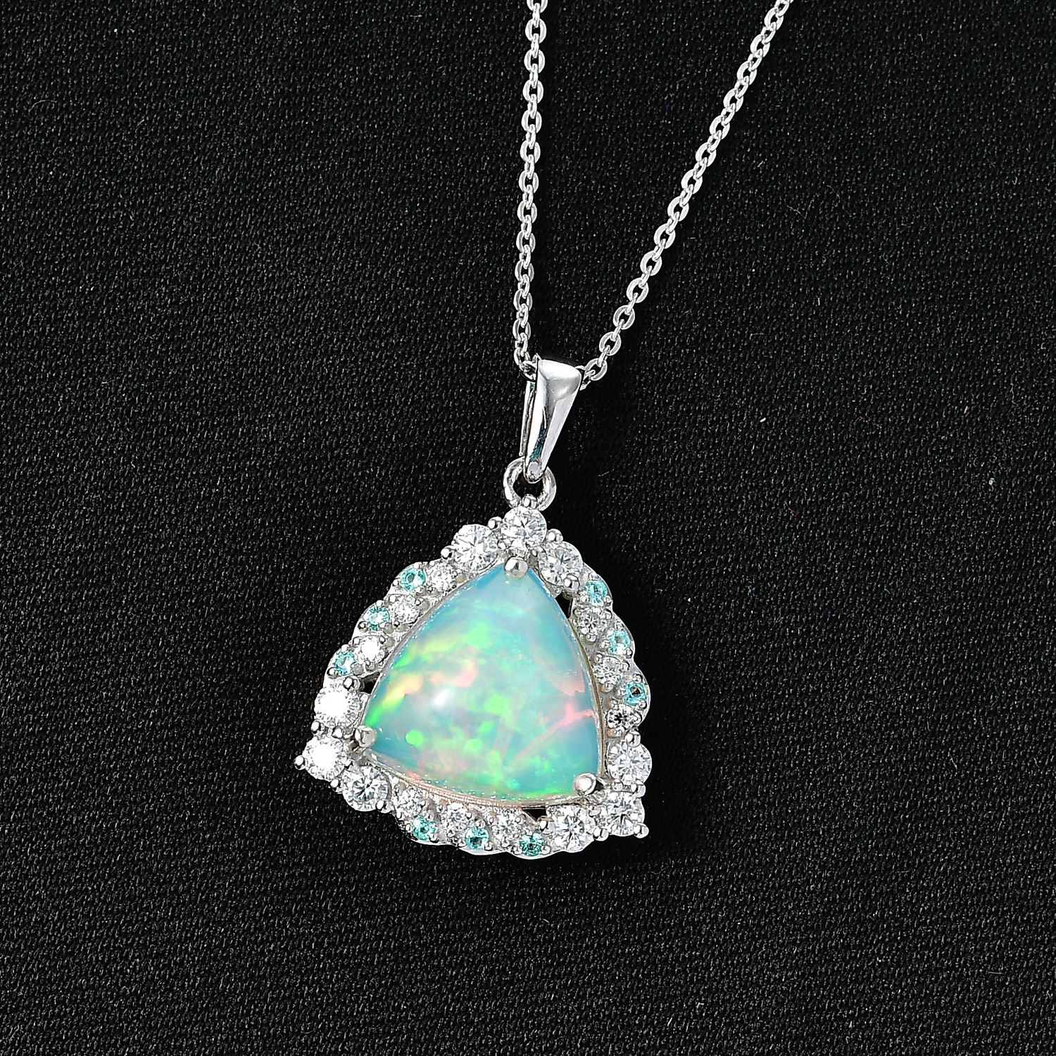 Certified & Appraised D'Joy Premium Ethiopian Welo Opal, Paraiba Tourmaline and Moissanite 4.15 ctw Pendant Necklace in Rhodium Over Sterling Silver (18 Inches)