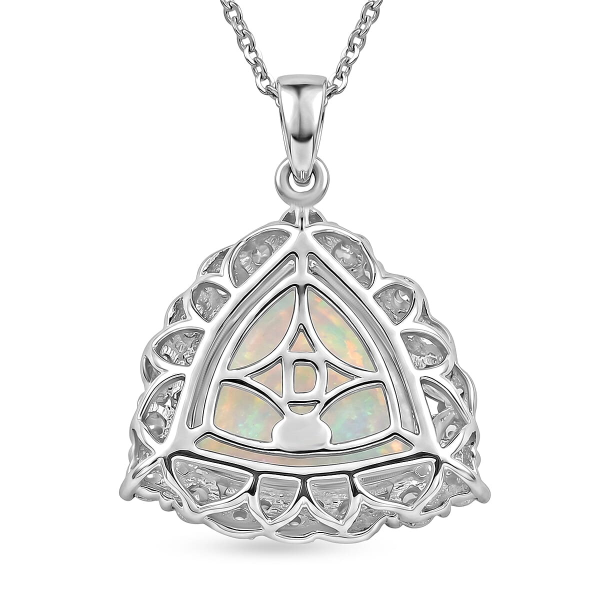 Certified & Appraised D'Joy Premium Ethiopian Welo Opal, Paraiba Tourmaline and Moissanite 4.15 ctw Pendant Necklace in Rhodium Over Sterling Silver (18 Inches)