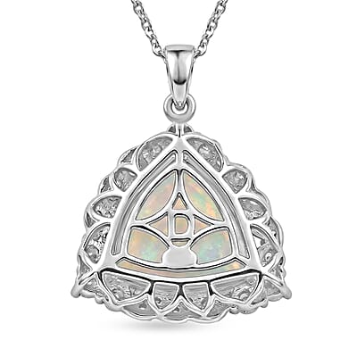 Certified & Appraised D'Joy Premium Ethiopian Welo Opal, Paraiba Tourmaline and Moissanite 4.15 ctw Pendant Necklace in Rhodium Over Sterling Silver (18 Inches)