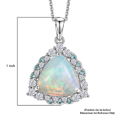 Certified & Appraised D'Joy Premium Ethiopian Welo Opal, Paraiba Tourmaline and Moissanite 4.15 ctw Pendant Necklace in Rhodium Over Sterling Silver (18 Inches)
