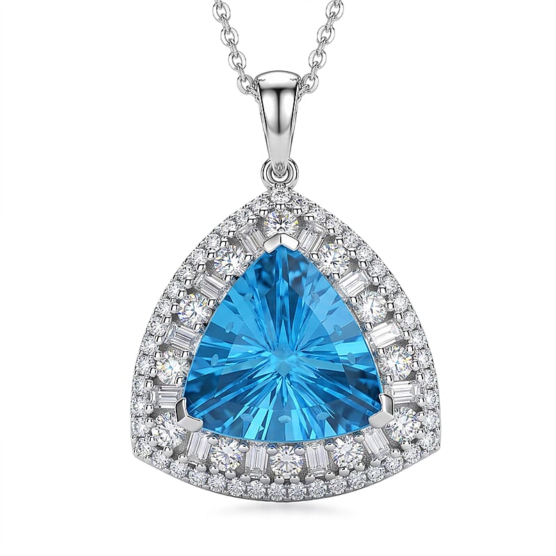 D'Joy Starburst Cut Premium Swiss Blue Topaz and Moissanite 8.75 ctw Pendant Necklace in Rhodium Over Sterling Silver 20 Inches