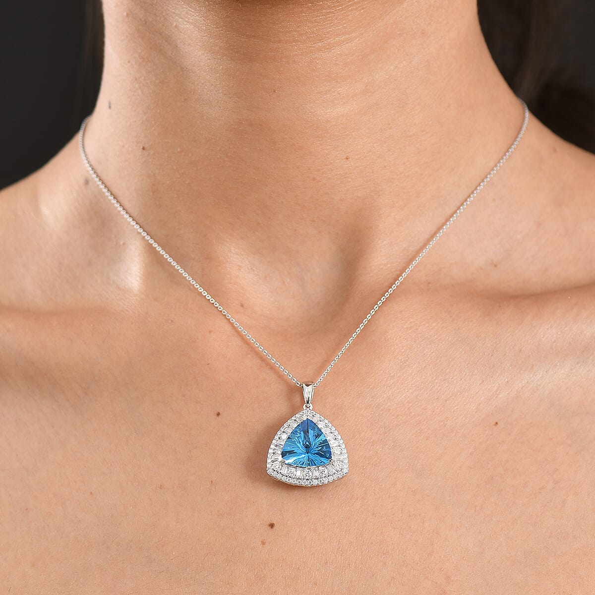 D'Joy Starburst Cut Premium Swiss Blue Topaz and Moissanite 8.75 ctw Pendant Necklace in Rhodium Over Sterling Silver 20 Inches image number 2