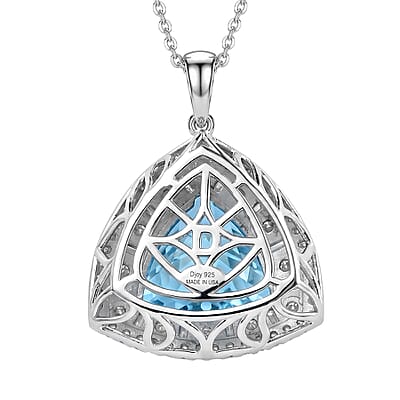 D'Joy Starburst Cut Premium Swiss Blue Topaz and Moissanite 8.75 ctw Pendant Necklace in Rhodium Over Sterling Silver 20 Inches