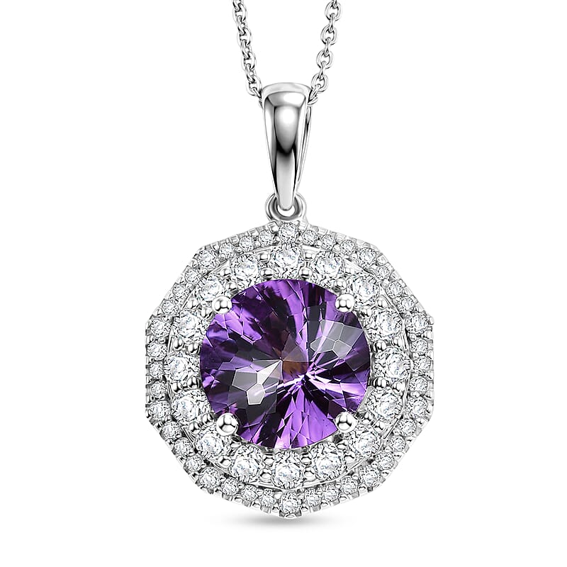 Certified and Appraised D'Joy Pinwheel Cut Premium Zambian Amethyst and Moissanite 4.20 ctw Pendant Necklace in Rhodium Over Sterling Silver 18 Inches