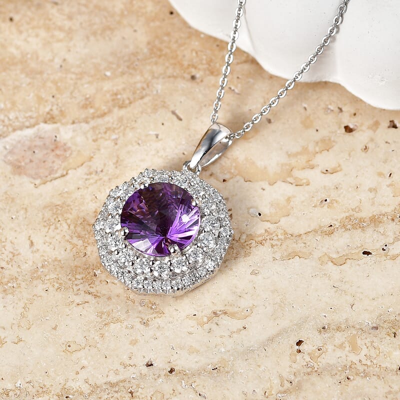 Certified and Appraised D'Joy Pinwheel Cut Premium Zambian Amethyst and Moissanite 4.20 ctw Pendant Necklace in Rhodium Over Sterling Silver 18 Inches