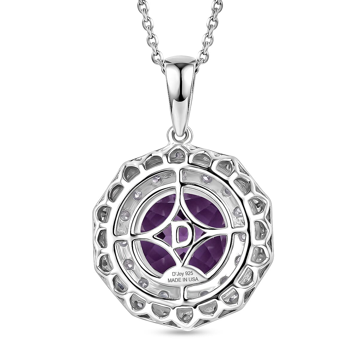 Certified & Appraised D'Joy Pinwheel Cut Premium Zambian Amethyst and Moissanite 4.20 ctw Pendant Necklace in Rhodium Over Sterling Silver 18 Inches