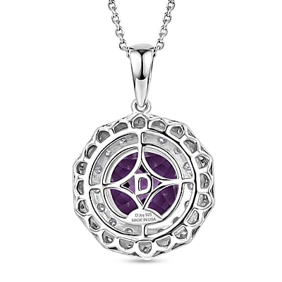 Certified and Appraised D'Joy Pinwheel Cut Premium Zambian Amethyst and Moissanite 4.20 ctw Pendant Necklace in Rhodium Over Sterling Silver 18 Inches