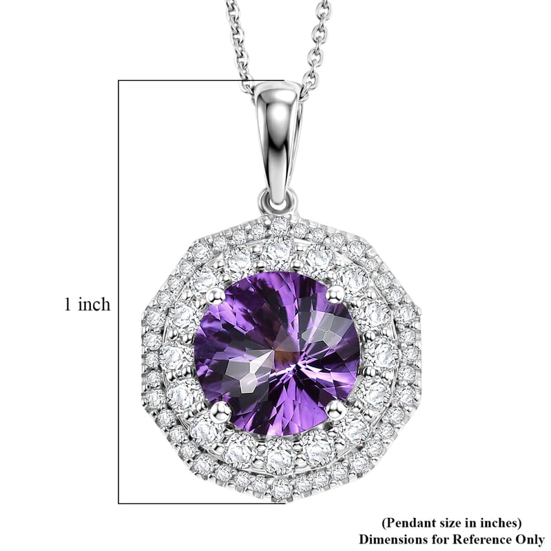 Certified and Appraised D'Joy Pinwheel Cut Premium Zambian Amethyst and Moissanite 4.20 ctw Pendant Necklace in Rhodium Over Sterling Silver 18 Inches