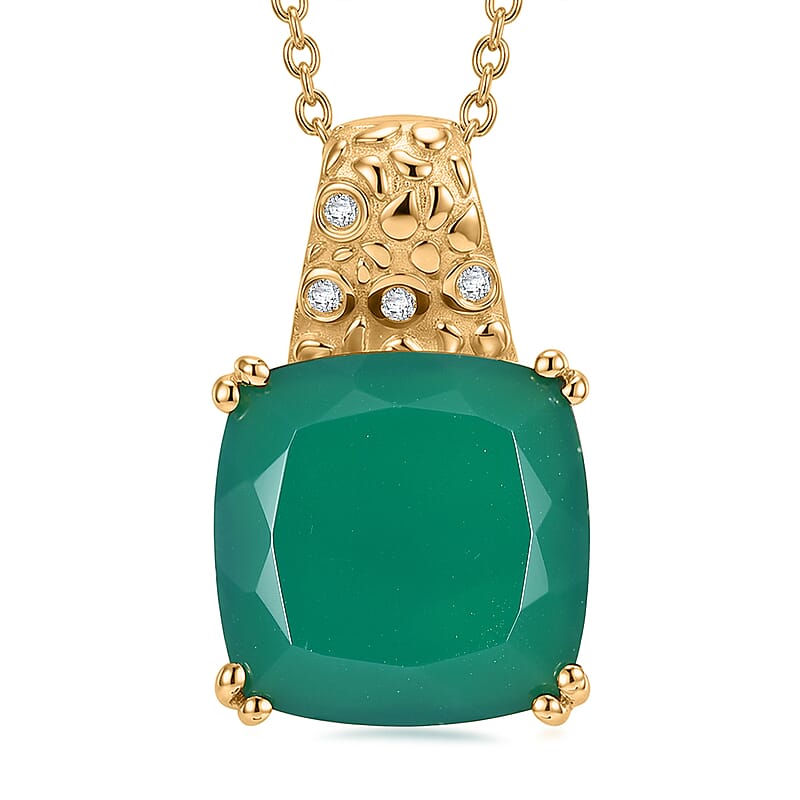 EverTrue Verde Onyx and White Zircon 9.90 ctw Canopy Bloom Pendant in 18K YG Plated with ION Plated YG Stainless Steel Necklace 20 Inches