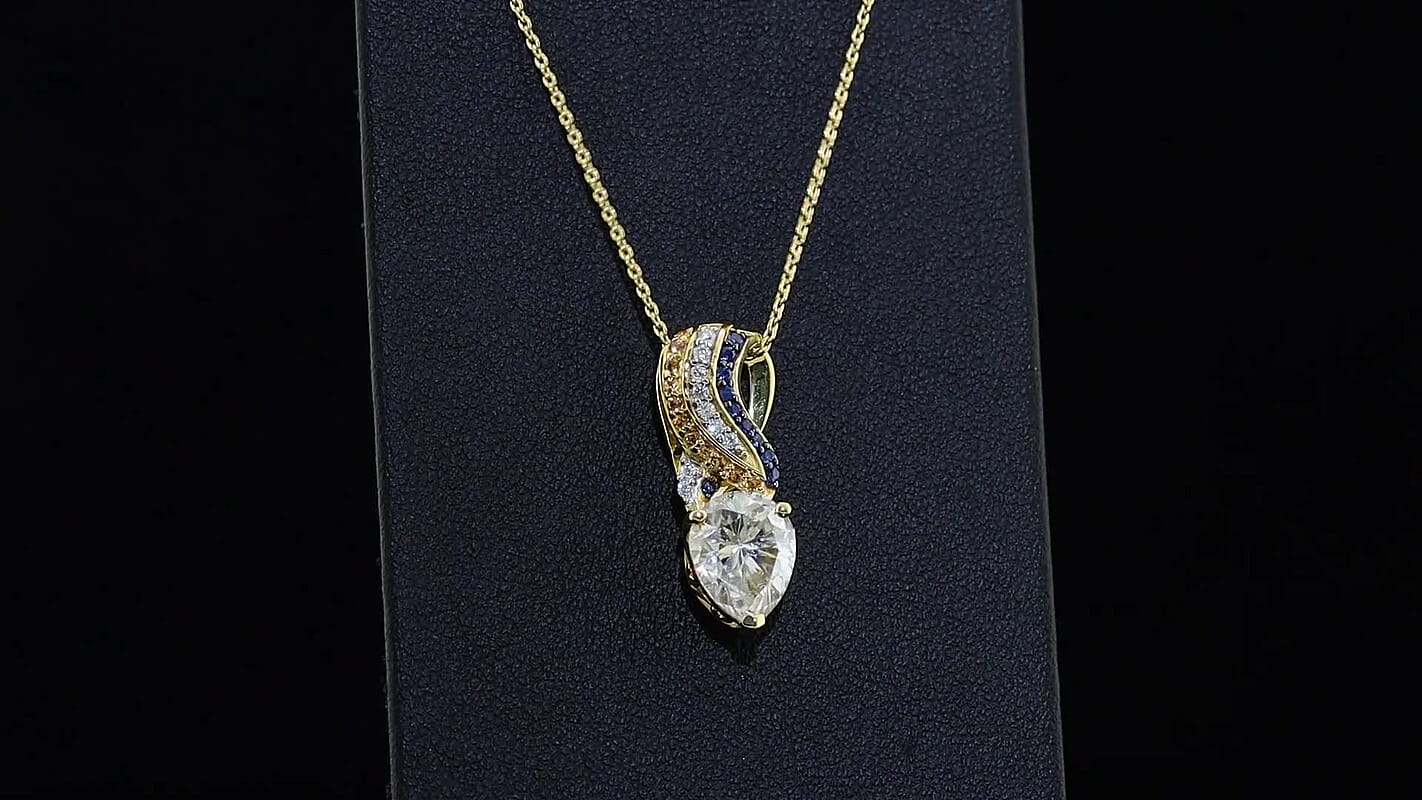 D'Joy Moissanite (Pear 10x8 mm), Multi Gemstone Pendant Necklace (20 Inches) in 18K Vermeil YG Over Sterling Silver 2.75 ctw