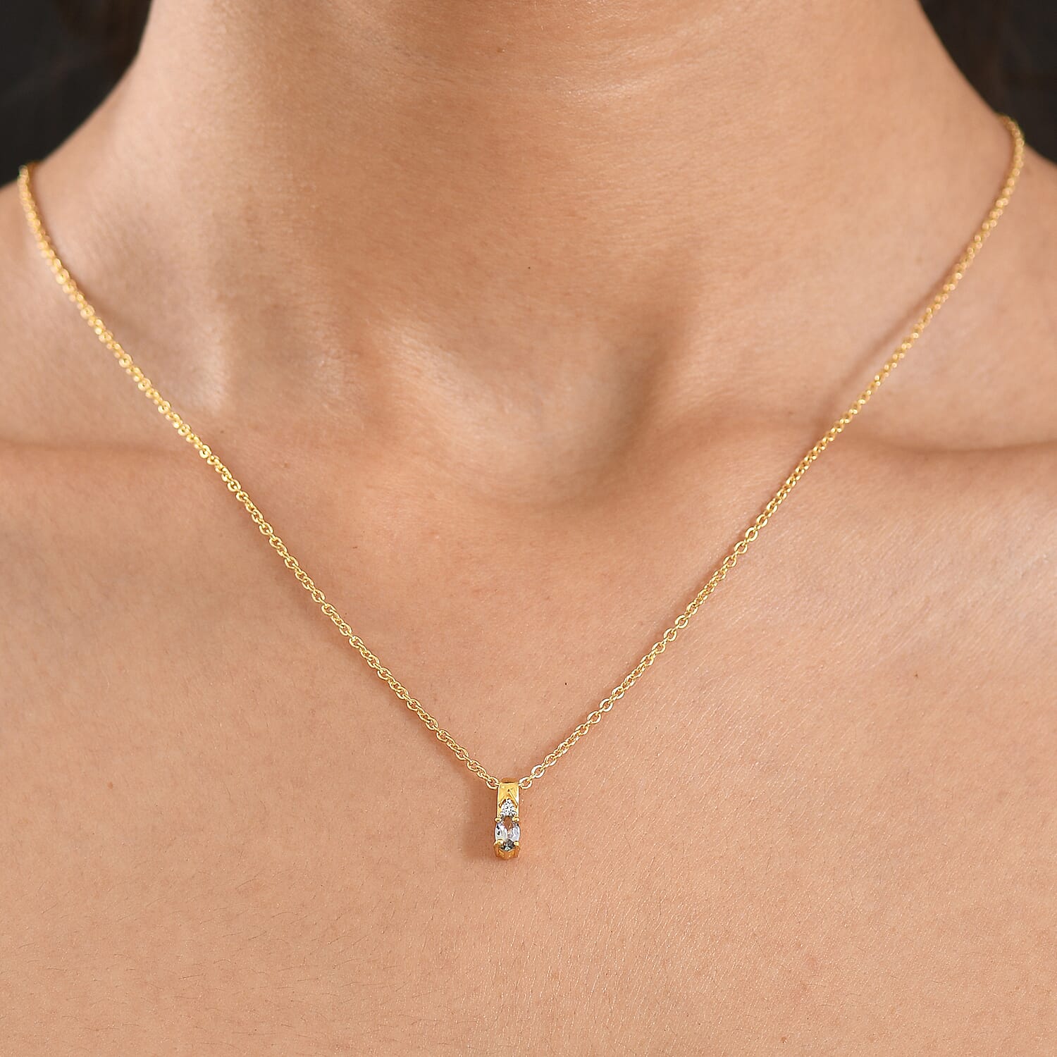 D'Joy Green Tanzanite and White Zircon 0.25 ctw Pendant in 14K YG Over with ION Plated YG Stainless Steel Necklace 20 Inches