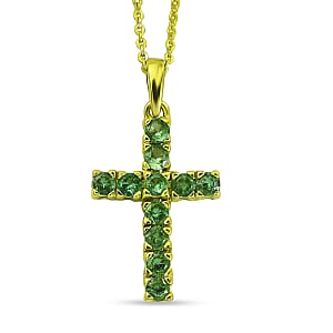 D'Joy Premium Tsavorite Garnet 0.85 ctw Cross Pendant Necklace in Green E-coat Sterling Silver 20 Inches