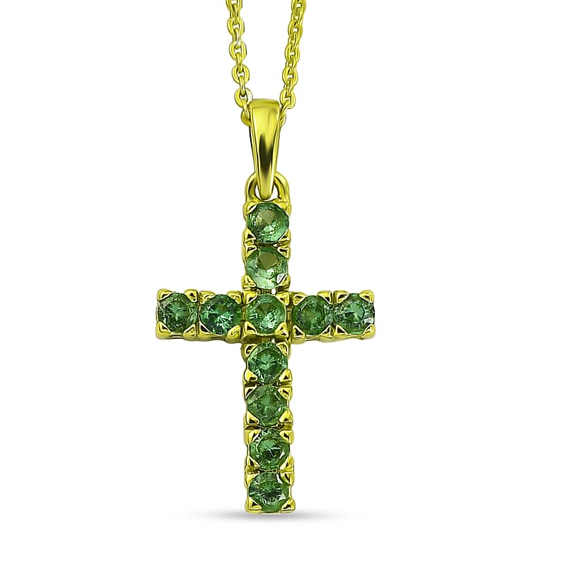 D'Joy Premium Tsavorite Garnet 0.85 ctw Cross Pendant Necklace in Green E-coat Sterling Silver 20 Inches