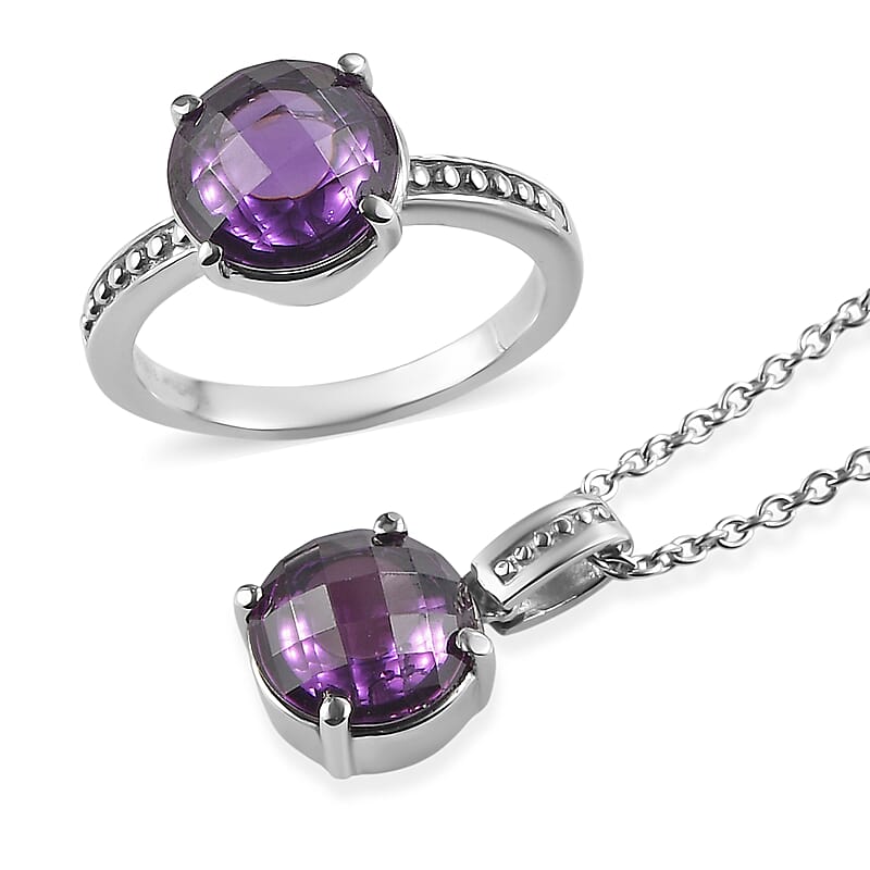 EverTrue Simulated Amethyst Color Diamond Ring (Size 6) and Pendant Necklace 20 Inches in Stainless Steel