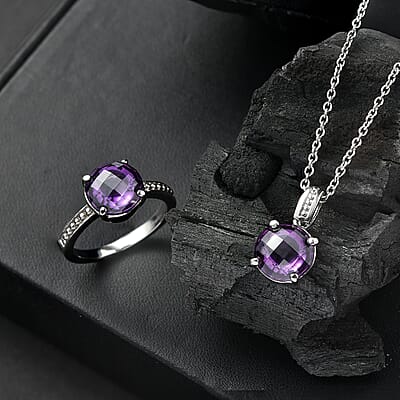 EverTrue Simulated Amethyst Color Diamond Ring (Size 6) and Pendant Necklace 20 Inches in Stainless Steel