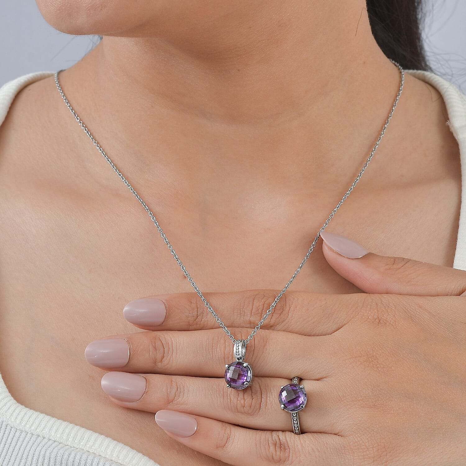 EverTrue Simulated Amethyst Color Diamond Ring (Size 7) and Pendant Necklace 20 Inches in Stainless Steel