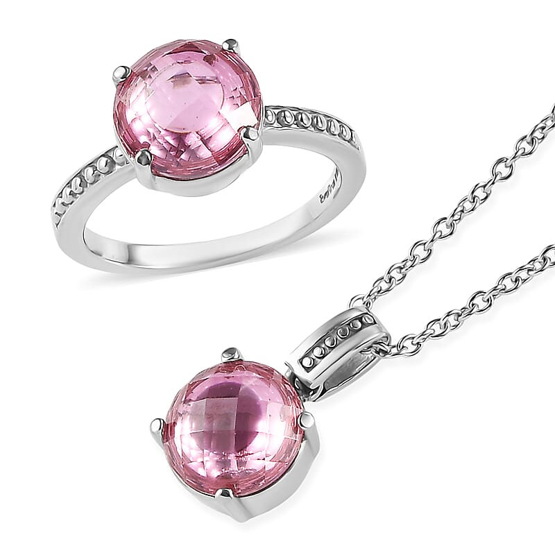 EverTrue Simulated Pink Diamond Ring (Size 6) and Pendant Necklace 20 Inches in Stainless Steel
