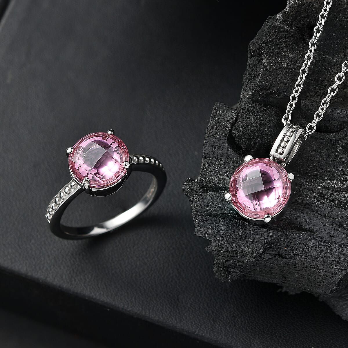 EverTrue Simulated Pink Diamond Ring (Size 7) and Pendant Necklace 20 Inches in Stainless Steel image number 1