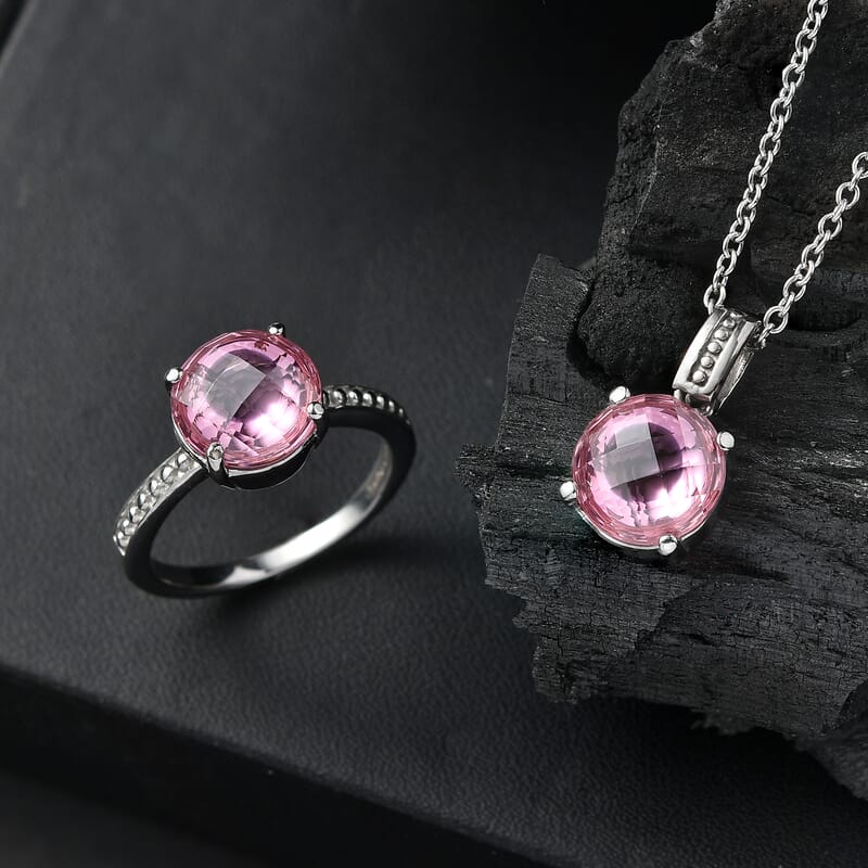 EverTrue Simulated Pink Diamond Ring (Size 8) and Pendant Necklace 20 Inches in Stainless Steel