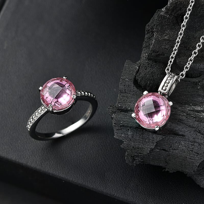 EverTrue Simulated Pink Diamond Ring (Size 8) and Pendant Necklace 20 Inches in Stainless Steel