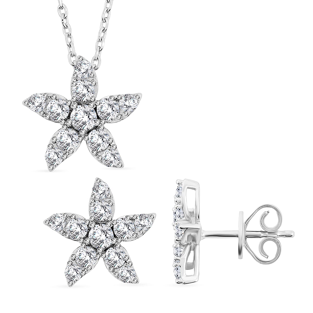 Luxuriant Lab Grown Diamond (VS) 1.25 ctw Starfish Earrings and Necklace 18-20 Inches in Sterling Silver