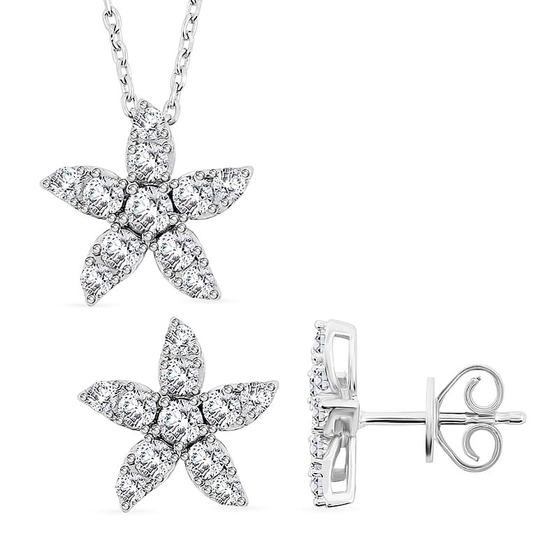 Luxuriant Lab Grown Diamond (VS) 1.25 ctw Starfish Earrings and Necklace 18-20 Inches in Sterling Silver