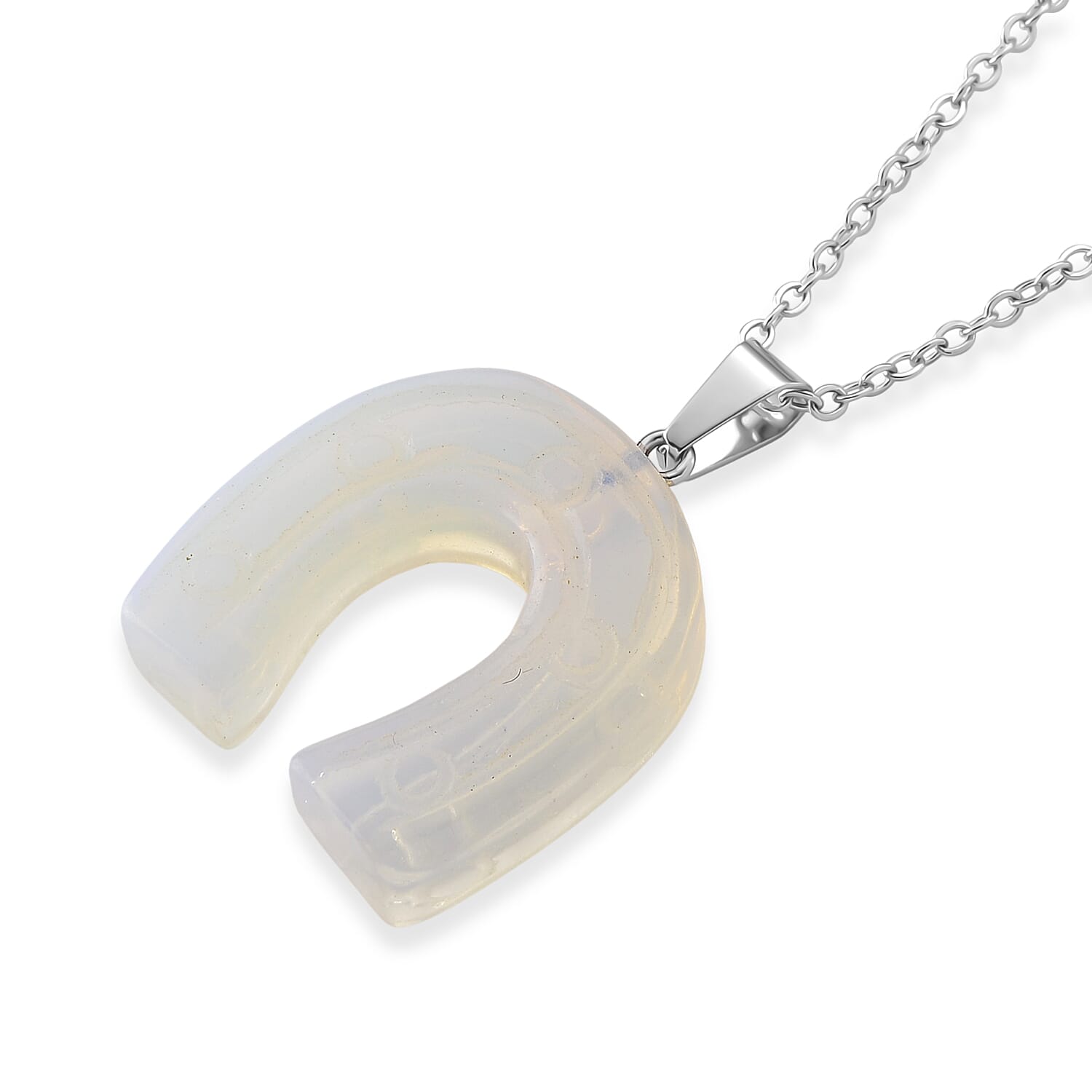 Opalite 54.00 ctw Horseshoe Pendant in Silvertone with Stainless Steel Necklace (20 Inches)